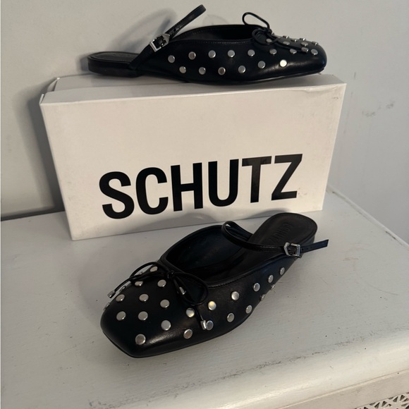 SCHUTZ Black Flats with Silver Studs Arissa studded mules size 7.5 - Picture 7 of 8
